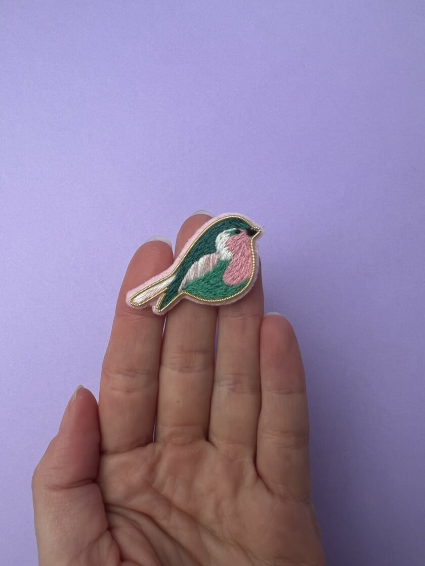 Broche oiseau vert et rose (4)